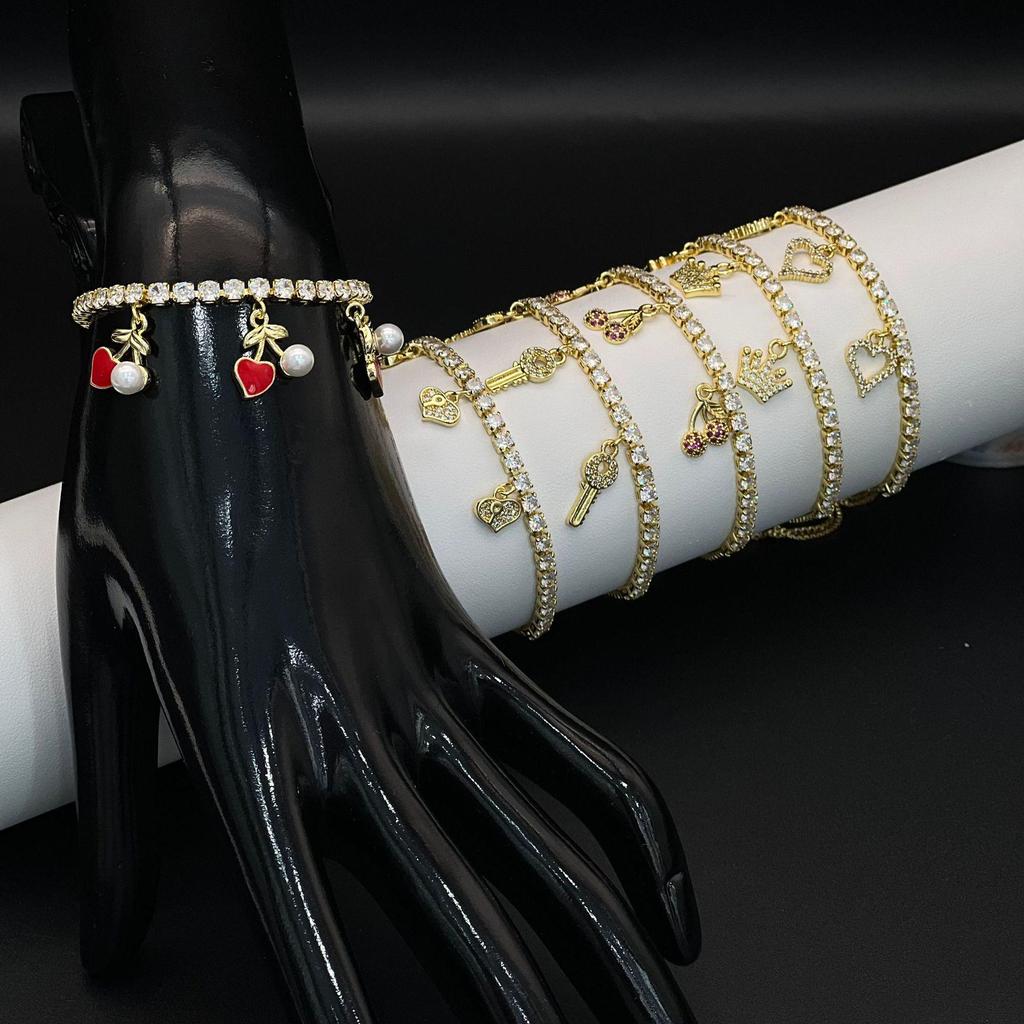 Full Diamond Cherry Zircon Bracelet Heart Crown Pendant - European & American Luxury Fashion