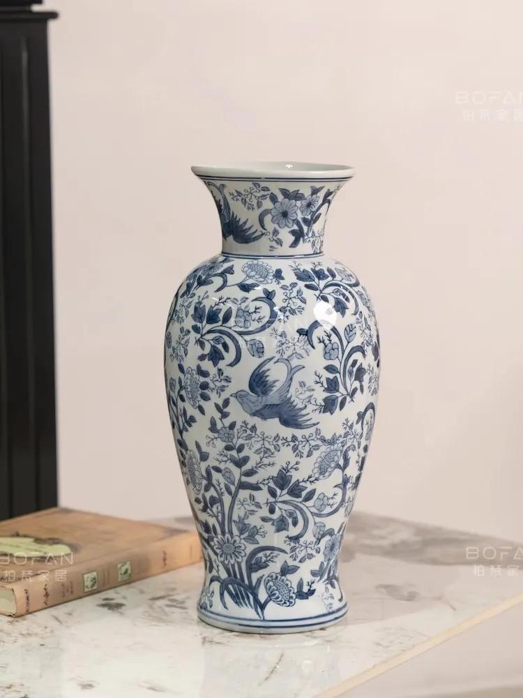 38.5cm/Chinese Ceramic Vase Decoration Living Room Entrance Flower Arrangement Decoration Home Antique Shelf Blue and White