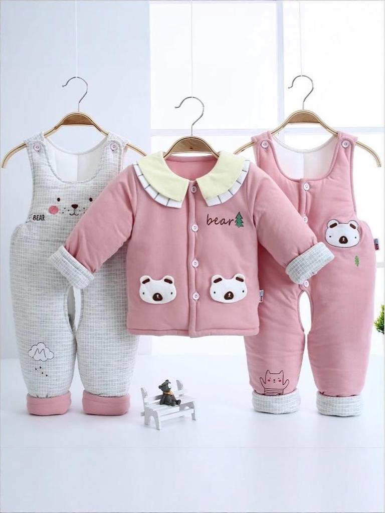 Infant Pure Cotton Autumn/Winter Three-Piece Set: Unisex Overalls for 0-12 Months, Thick and Warm