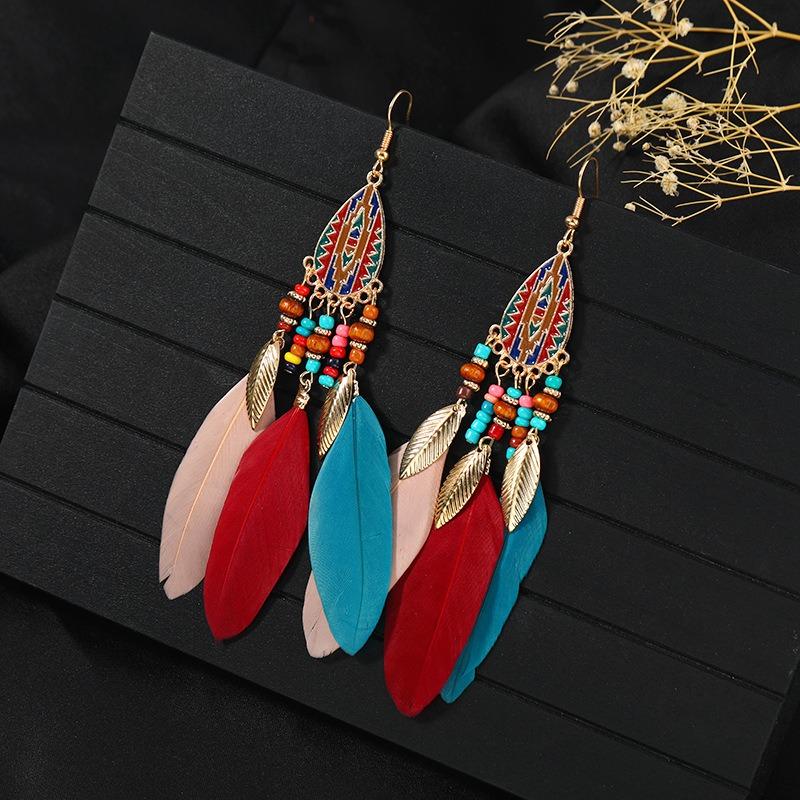 

Retro Feather Fringed Earrings Women s Niche Personality Bohemian Blue Long Yunnan Travel Photography Earrings