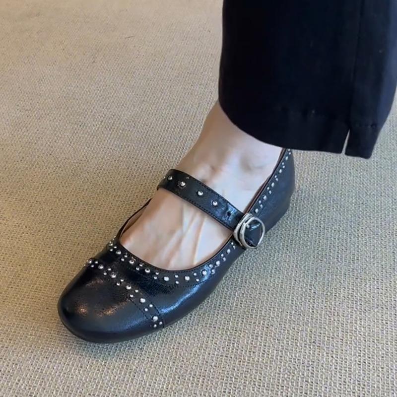 Sheepskin Version~ Round Head Rivet Mary Jane Women's Shoes Shallow Mouth One-word Buckle Single Shoes Versatile Flat Ballet Shoes