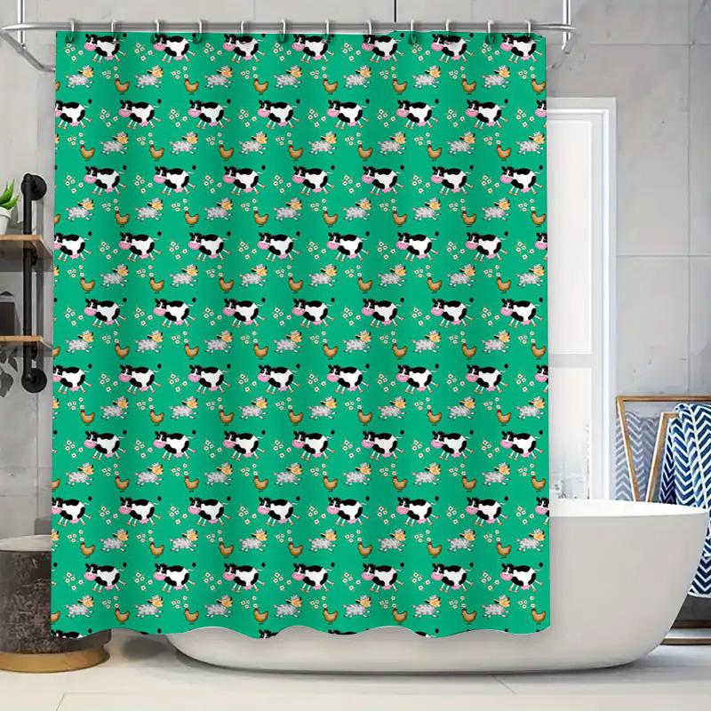 

Farm Fresh Shower Curtain Cow Chicken Print Home Decor Waterproof Fabric Kitchen Bath Rug Blue Green Patterned Shower Panel Set W60H190(CM)-1 Pcs