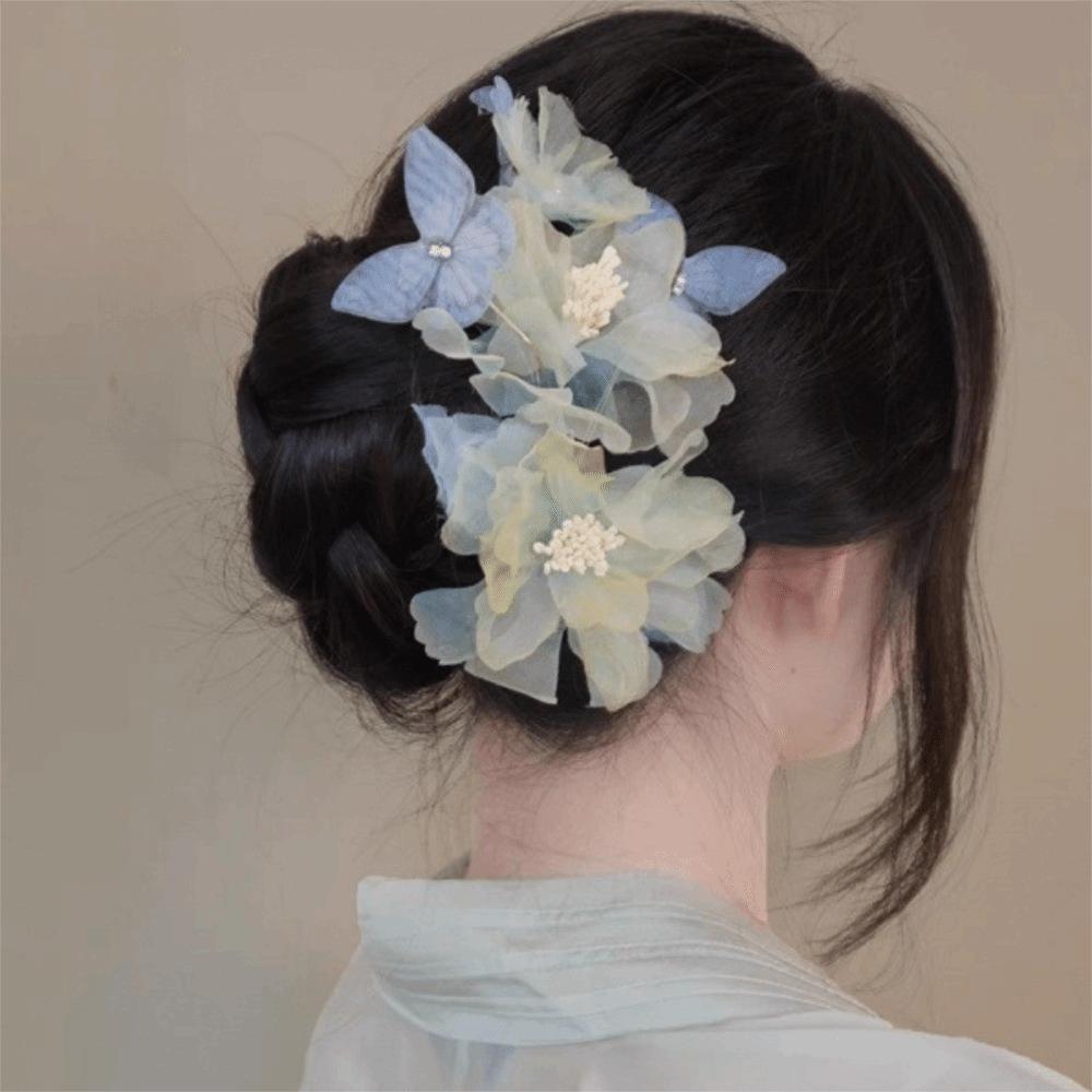 Blue Butterfly Flower Hairpin Simulation Flower Chinese Style Hair Clip  Party