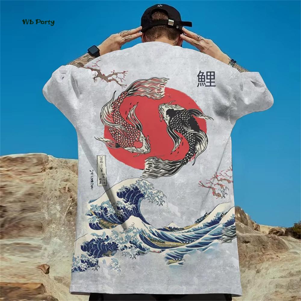 Japanese Ukiyo-E Men's T-Shirt Yin Yang Fish Printed Short Sleeve T-Shirt Oversized Casual Tops Summer Fashion Outdoor Clothing