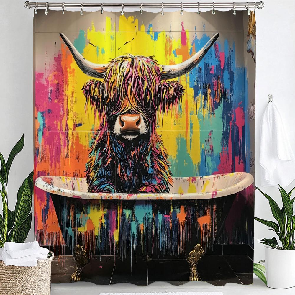 Colorful Abstract Graffiti Creative Highland Cow Print Waterproof Shower Curtain Partition Privacy Hanging Curtain with Hooks