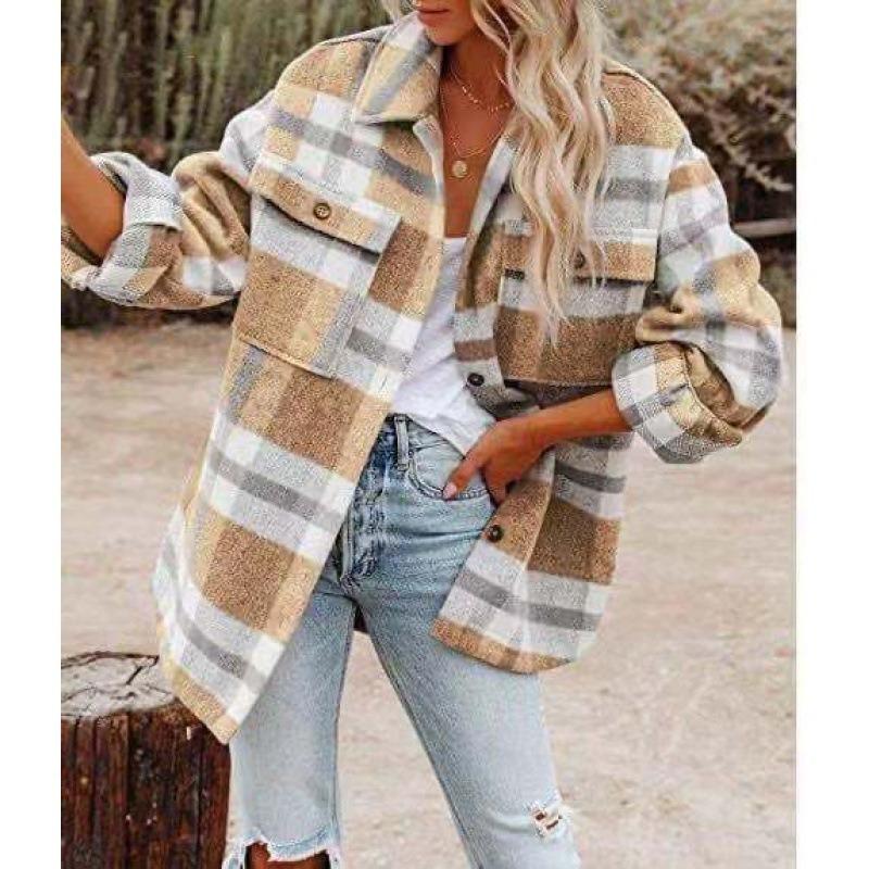 Autumn and Winter Long-sleeved Loose Plaid Shirt Tweed Jacket Female