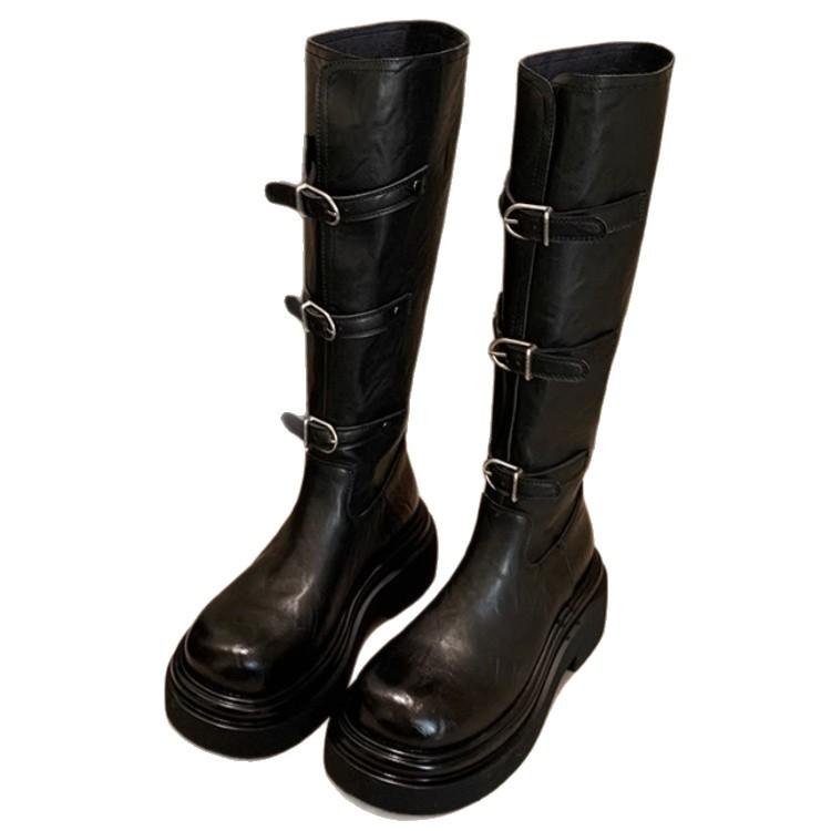 2025 New Belt Buckle Heightened Platform Knight Women's Boots Women's Autumn and Winter New Medium and High Boots Knight Boots