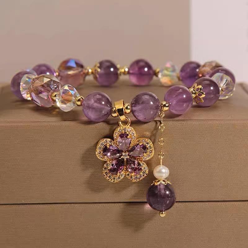 Crystal Amethysts Bracelet Beads for Women Chic Butterfly Tassel Pendant Jewelry Accessories