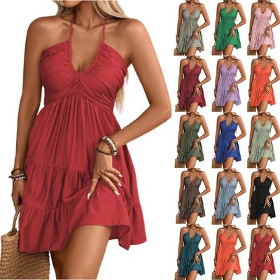 Women Neck Sleeveless Tiered Mini Dress with Ruched Bust and Adjustable Straps for Casual or Beach Wear
