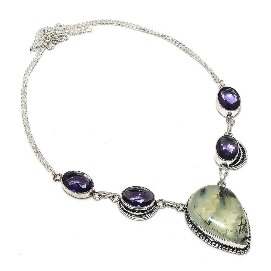 Natural Prehnite, Amethyst 925 Sterling Silver Jewelry Necklace 18" S2i02