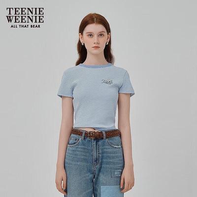 Bear Waffle Grid Striped Short Sleeve T-Shirt for Women