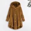 Cappotto di peluche da donna con cappuccio, maniche lunghe, bottoni laterali, orlo monopetto, giacca casual con tasche, tinta unita, vestibilità ampia, lunghezza media