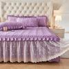 3pcs Luxury Bed Skirt Set Solid Color Skin-friendly Love Quilted Layer Lace Strap Style (1 Bed Skirt + 2 Pillowcases, Without Core)