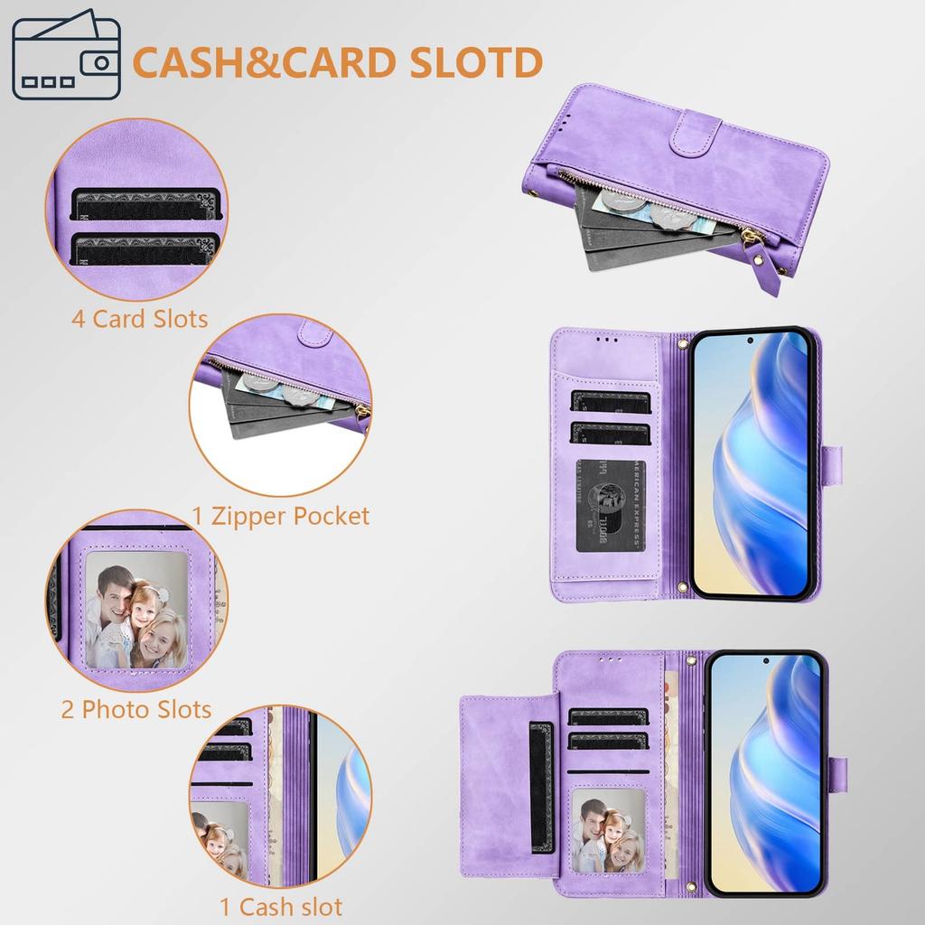 For Samsung Galaxy A15 A16 A25 A26 A32 A36 A53 A56 A73 Wallet Case with Card Slot Zipper Flip Folio with Lanyard Strap Kickstand