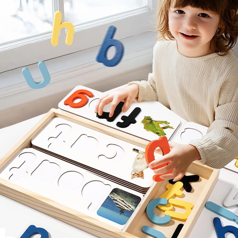 Wooden Box Word Game, Children'S Puzzle Early Education English Alphabet Cognitive Card Pairing Wooden Toy
