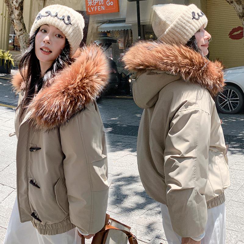 New Horn Buckle Hooded Big Fur Collar Down Cotton Clothes Women's Retro Pie Overcomes Winter Thickened Coat Students