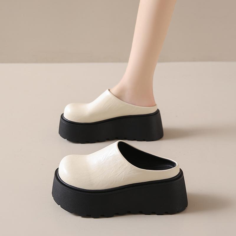 CRLAYDK Women's Platform Heel Mules Casual Shoes Closed Toe Backless Slip On Leather Walking Increase Height Wedge Slippers