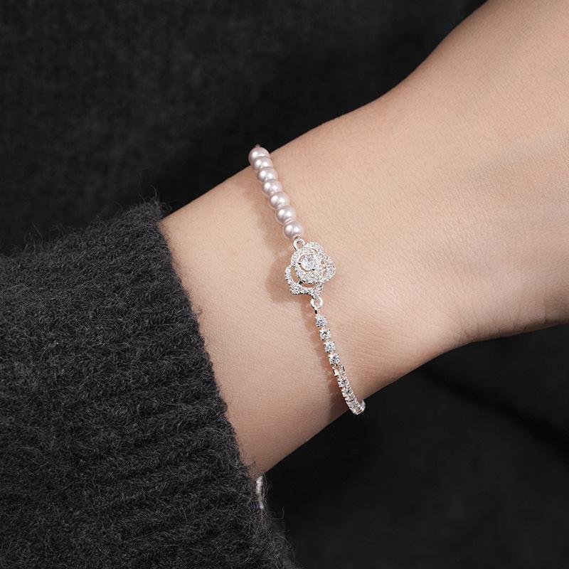 French Sweet Zircon Flower Pearl Pull-Up Bracelet Bracelet Versatile Jewelry