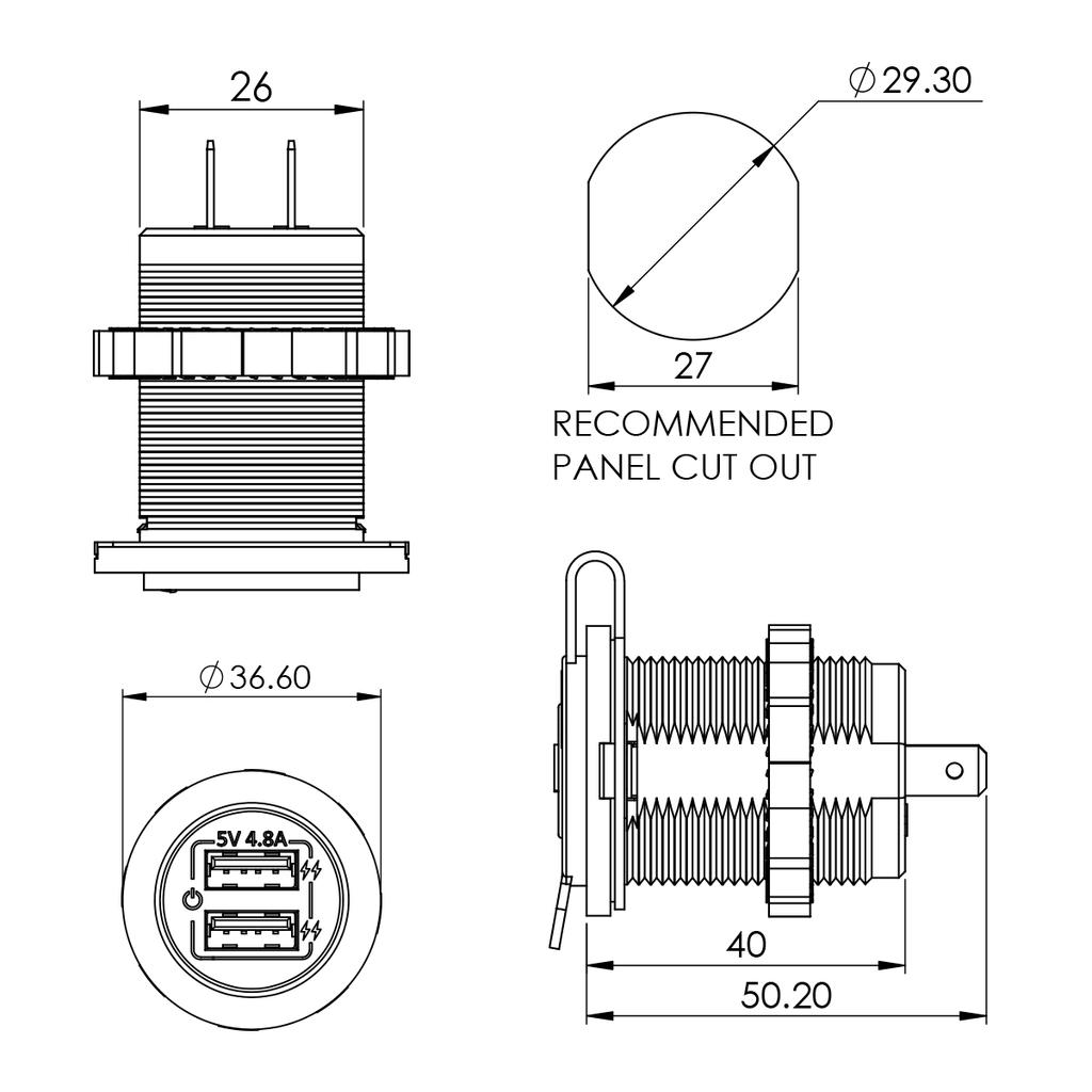 Car Dual USB Charger Smart 12-24V Touch Switch 5V 4.8A Output Mobile Phone GPS Fast Charging Motorcycle Waterproof Dustproof
