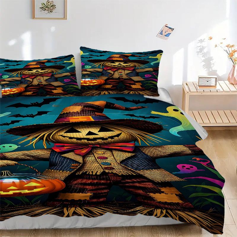 

3pcs Halloween Scarecrow Bedding Set - 1 Duvet Cover + 2 Pillowcases(Core Not Included), Machine Washable Polyester yy251216141 135x200cm