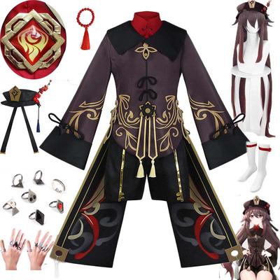 Anime Hu Tao Cosplay Kostüm Uniform Hu Tao Kleid Hut Socken Perücke Finger Ringe Hutao Outfits für Comic con
