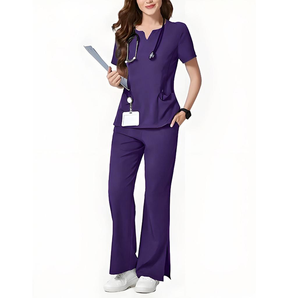 Ladies' Loose And Comfortable V,neck Short Sleeved Workwear With Multiple Pockets Suit Set