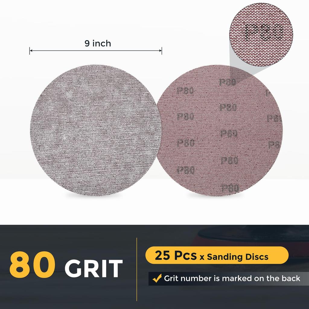 Uxcell Mesh Sanding 25 80 Grit Drywall Sandpaper Hook and Loop Sander Pad for Drywall Putty Floors 9" Discs, Pieces, Dust-Free