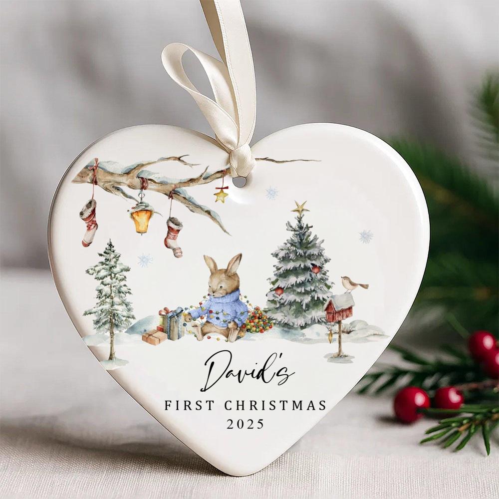 1pc Personalized Bunny Baby First Christmas Ornament Ceramic Christmas Ornament for Baby Girl Boy New Baby Gift Xmas Keepsake