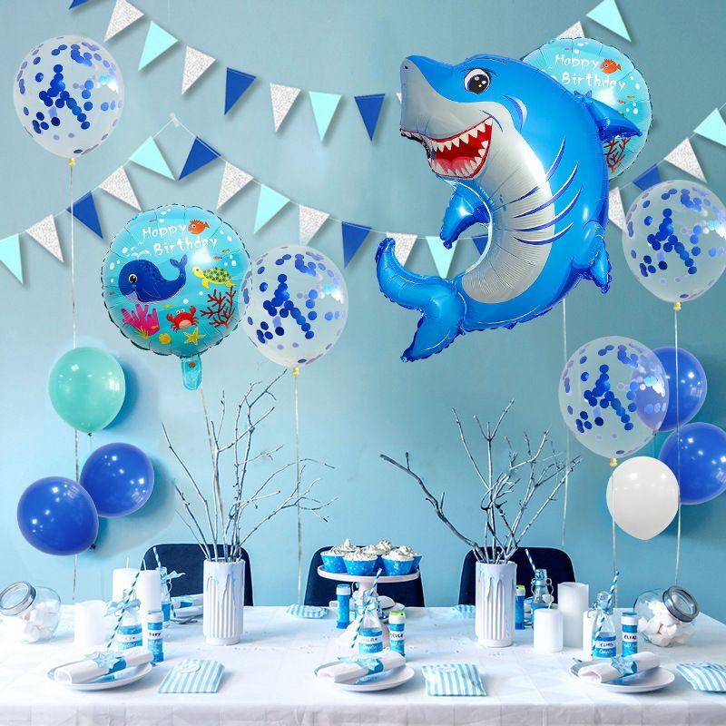 Ocean Animal-themed Birthday Happy Balloon Set - Crab, Shark, Blue Sequined Ocean Balloons - Birthday Party Decoration for Celebration