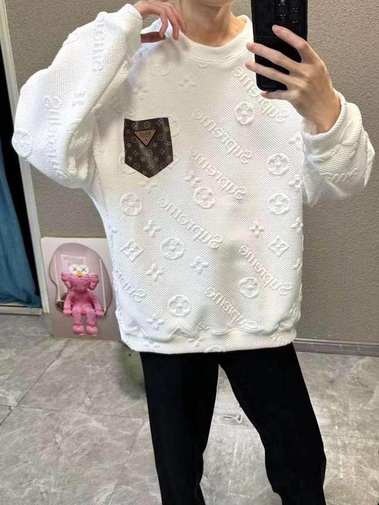 Felpa Jacquard da Uomo alla Moda con Fodera in Pile, Autunno/Inverno, Girocollo con Tasca a Lettera per Coppie