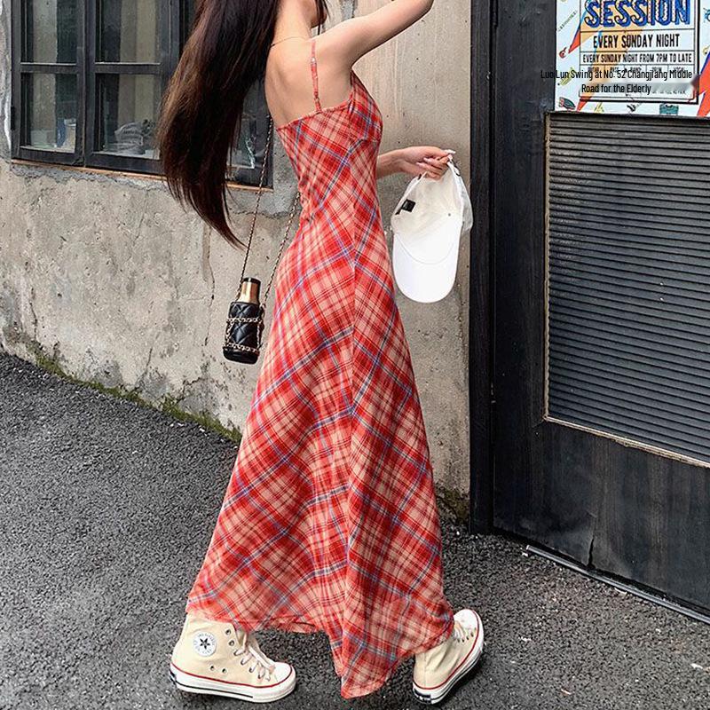 Women's Red Plaid V-Neck Lace Spaghetti Strap Dress - Slim Fit Spring/Summer Vacation Style