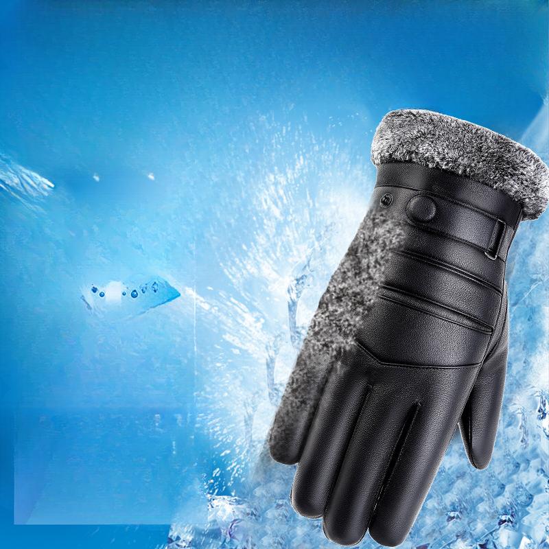 Warm Leather Gloves for Men Outdoor Skiing Cycling and Cycling Plus Velvet Thickened PU Washing Leather Winter Touch Screen Gloves