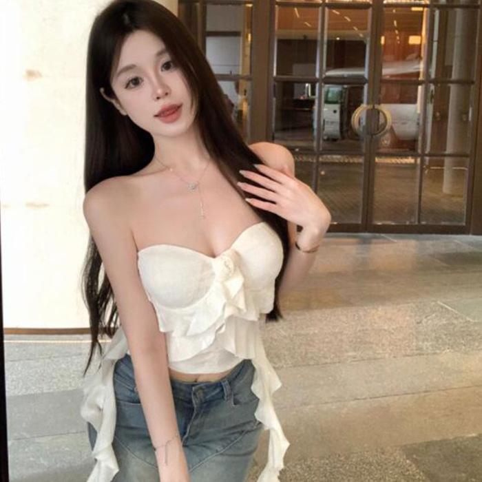 Summer Slim-fit White Flower Lotus Leaf Edge Chest Wrap Pure Desire Short Sleeveless Tube Top Backless Top Women