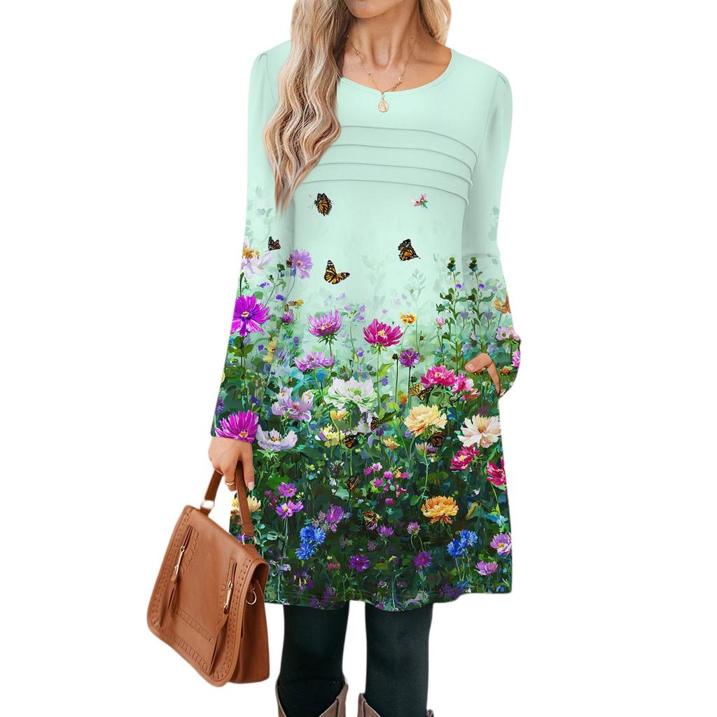Women's Long Sleeve Dress Fall Casual T Shirt Loose Fit Pleated Front Dresses With Pockets