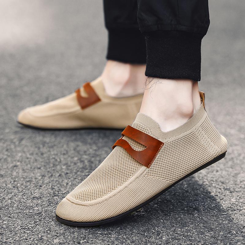 YRZL Round Toe Flat Shoes Solid Color Men Slip on Shoes Casual Breathable Comfortable Mens Mesh Loafer Shoes Outdoor Loafers Man