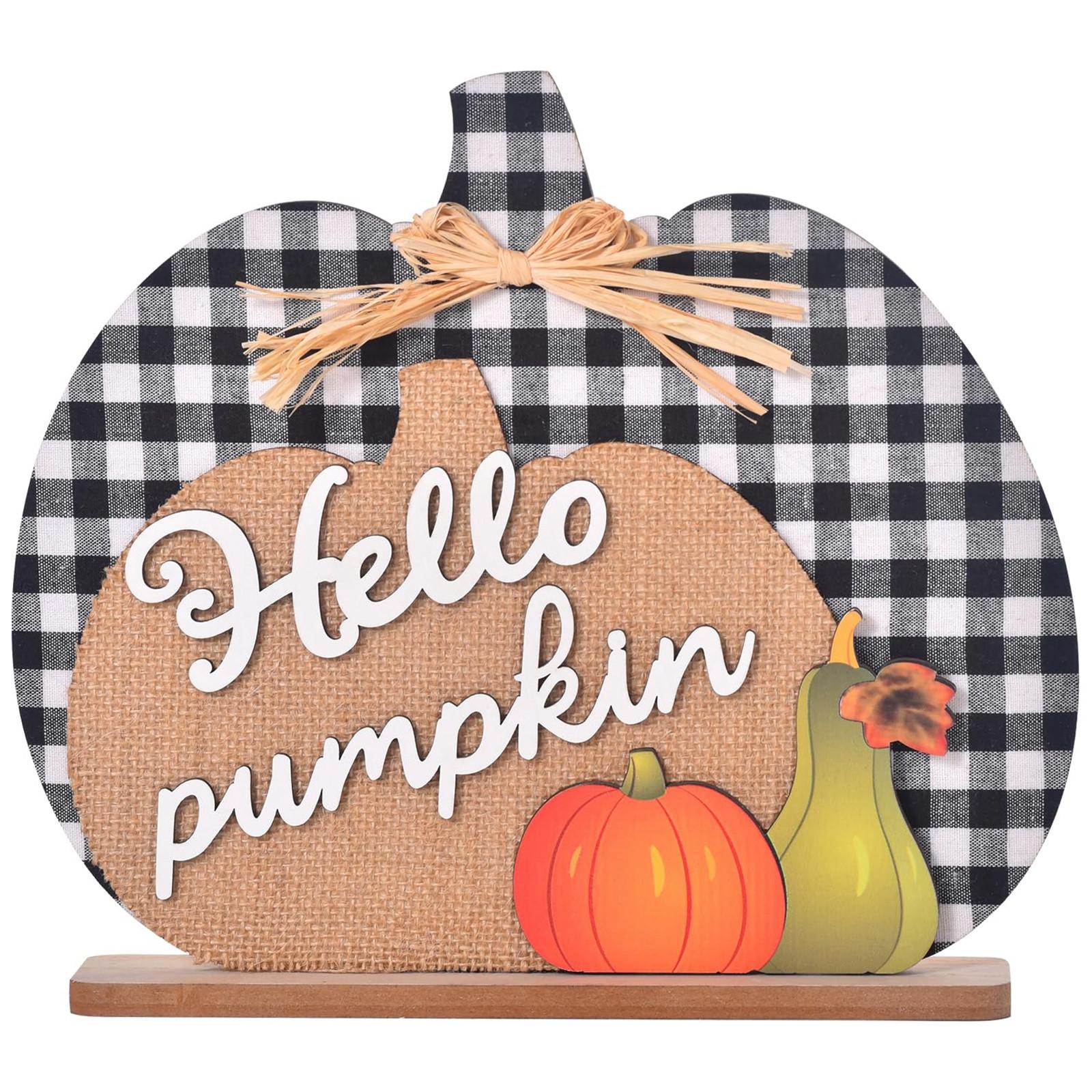 

Wooden Plaid Pumpkin Table Decor with Burlap Accent and Seasonal Vegetable Cutouts for Autumn Home Decoration Rustic Style One Size