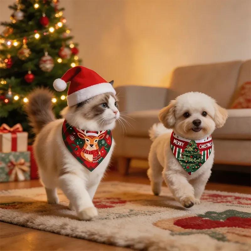 Holiday Dog Scarf Bibs 2Pcs Christmas Plaid Bandanas Puppy Pet Grooming Accessories For Cats Dogs Christmas Gift Supplies