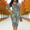 Women Plus Size Round Neck Long Sleeve Midi Dress Retro Paisley Print Bodycon Party Casual Dress