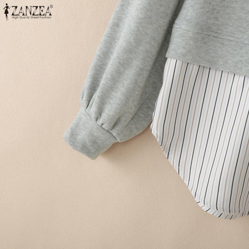 ZANZEA Women Stripe Splice Turn Down Collar Long Sleeve Thin Pullover Sweatshirt