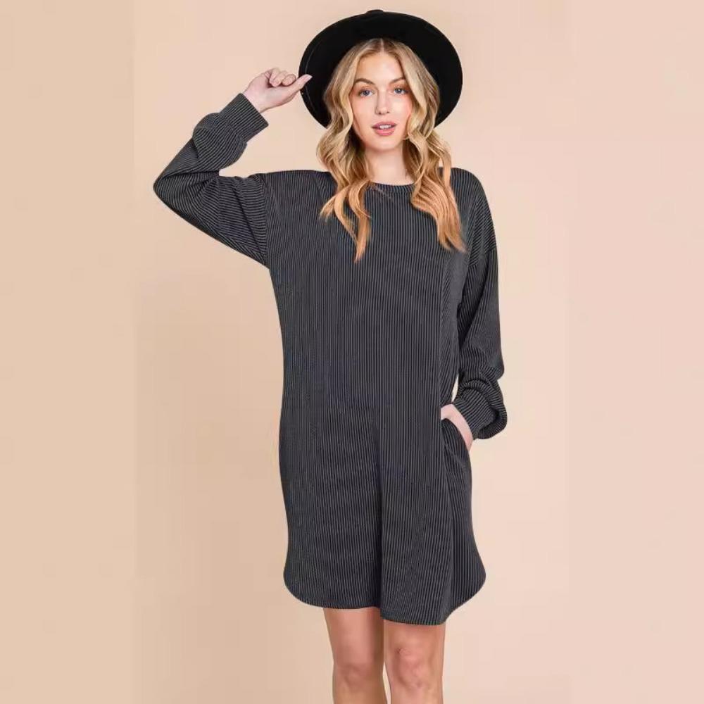 

Осенне-зимнее платье с круглым вырезом и длинными рукавами, свободное, с карманами XL