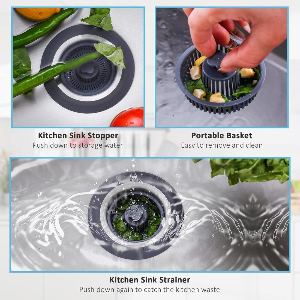 3 in 1 Kitchen Sink Drain Strainer Stopper - Stainless Steel Pop Up Sink Stopper & Anti-Clogging Strainer Basket Combo for US Standard 3-1/2 Inch