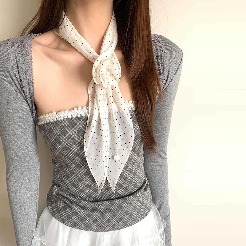 Wave Point Flower Silk Scarf Vintage Plaid Scarf Women's Spring New Collection Neck Strap Korean Small Scarf Decorative Muffler