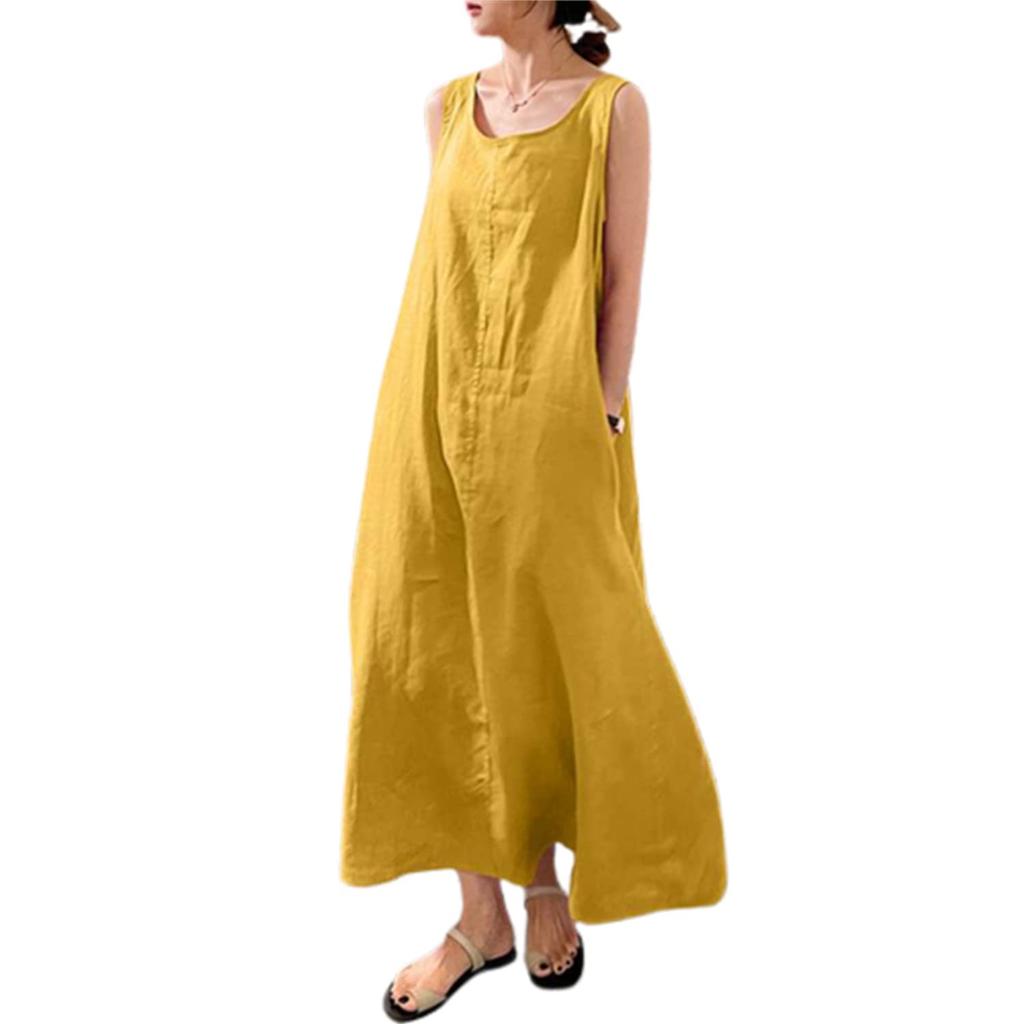 Summer Sleeveless Beautiful Long Maxi Mori Girl Loose Plus Simple Yellow [kisetsumate] Women's Cotton-Linen Dress, Dress, Linen-Style, Style, Fit,