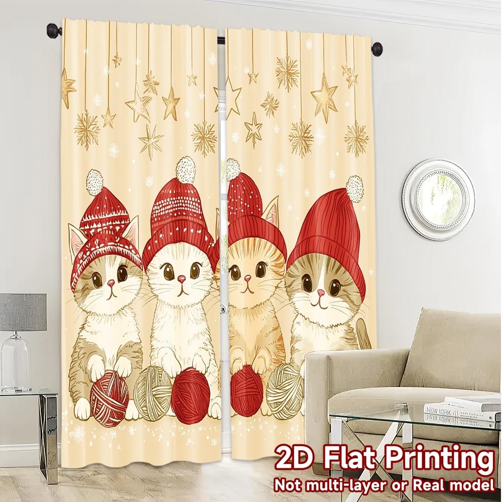 2 szt., Zasłony Świąteczne Koty Kłębki Włóczki (2) Zasłony Nowoczesne Przepuszczające Światło Trwałe Zasłony ze 100% Poliestru Art Deco