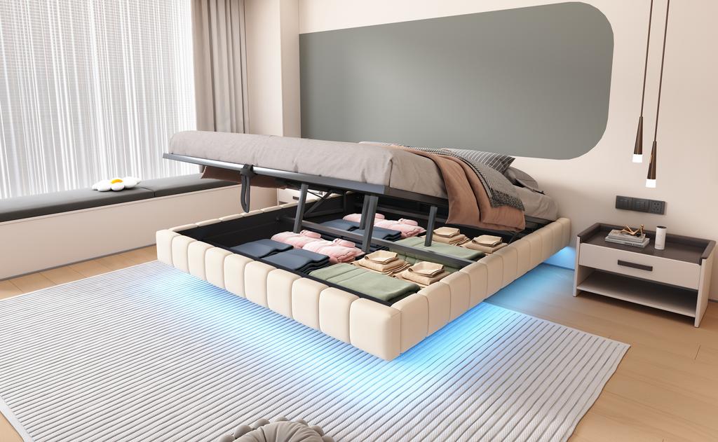 Cama Tapizada 180x200 cm, Estructura de Cama Flotante Hidráulica con Espacio de Almacenamiento, Cama Multifuncional sin Cabecero con Luz LED, Lino Beige