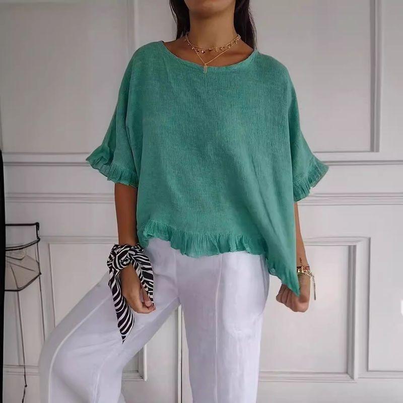

Women s round Neck Solid Color Loose Shirt round Neck Pure Color Loose Shirt Female Green S