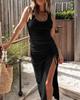 Women's Sleeveless Midi Dress Ruched Side Slit Slim Fit Bodycon Summer Party Dress