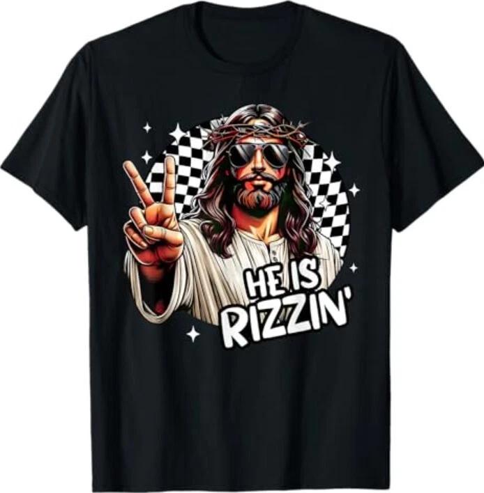 

He Is Rizzin Jesus Christian Happy Easter Hunt Eggs Funny T-Shirt XL