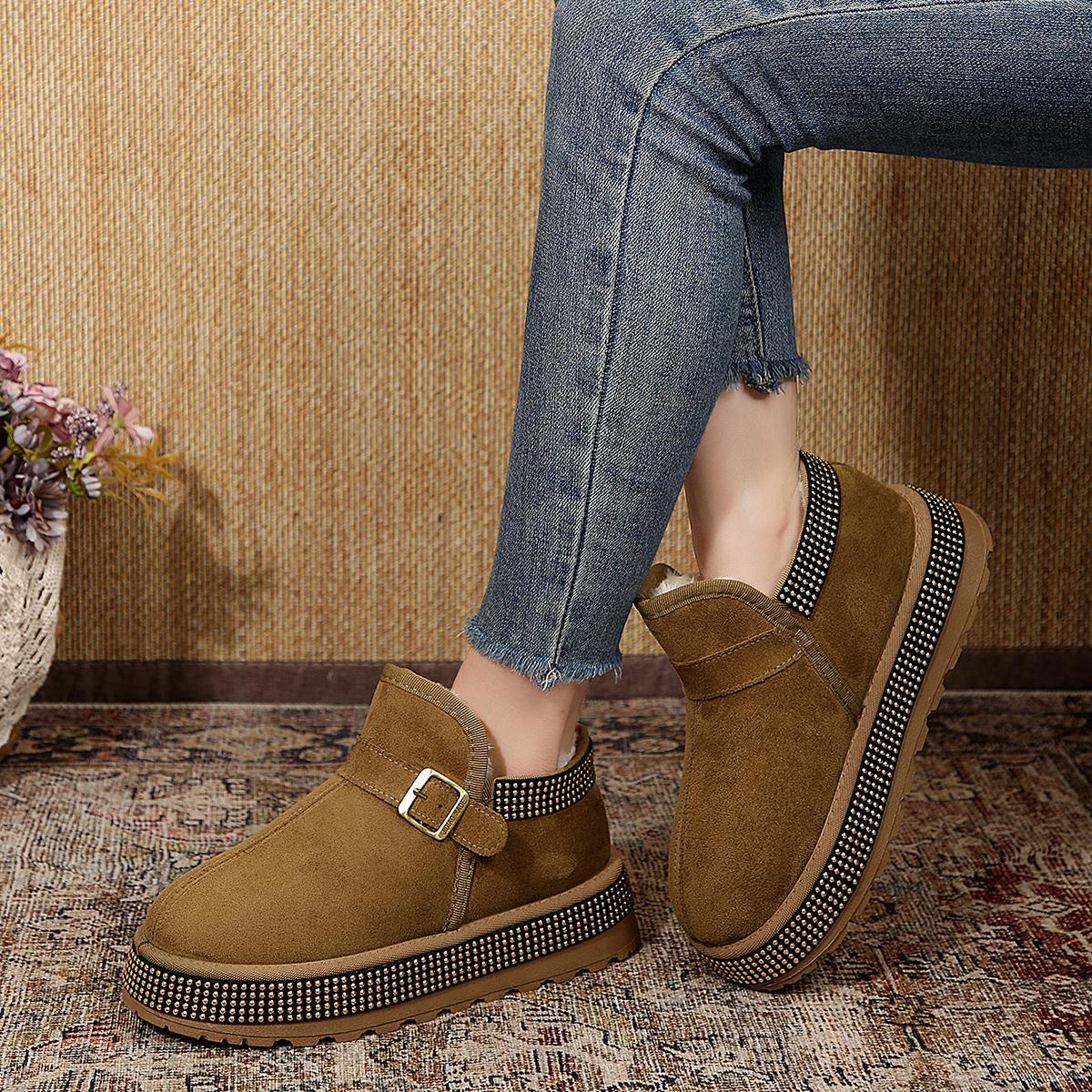 

Winter Suede Warm Buckle Large Size Walking Boots Fashion New Round Toe Thick Sole Sexy Non-Slip Casual Flat Snow Boots Women 36 хакі