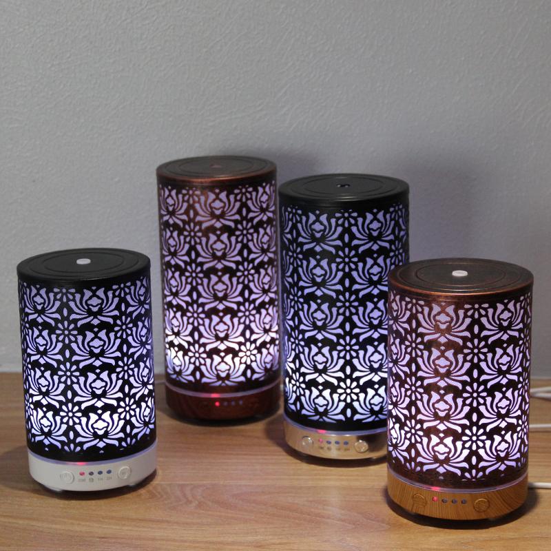 Aroma Diffuser Scent Ultrasonic Air Humidifier Iron Art Hollow Lotus Flower Pattern 2025 New Home Decorations with LED Lights